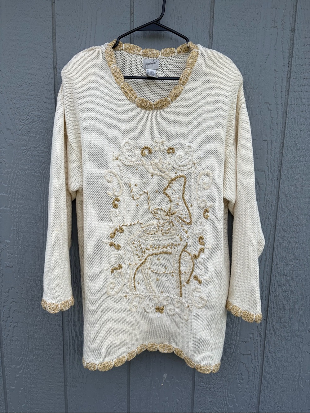 Vintage Jacqueline Ferrar Novelty Holiday Sweater Grandma Artsy SZ XL Long Gold